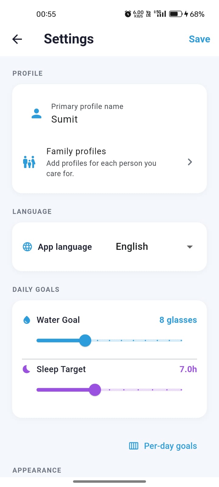 CareCue settings screen