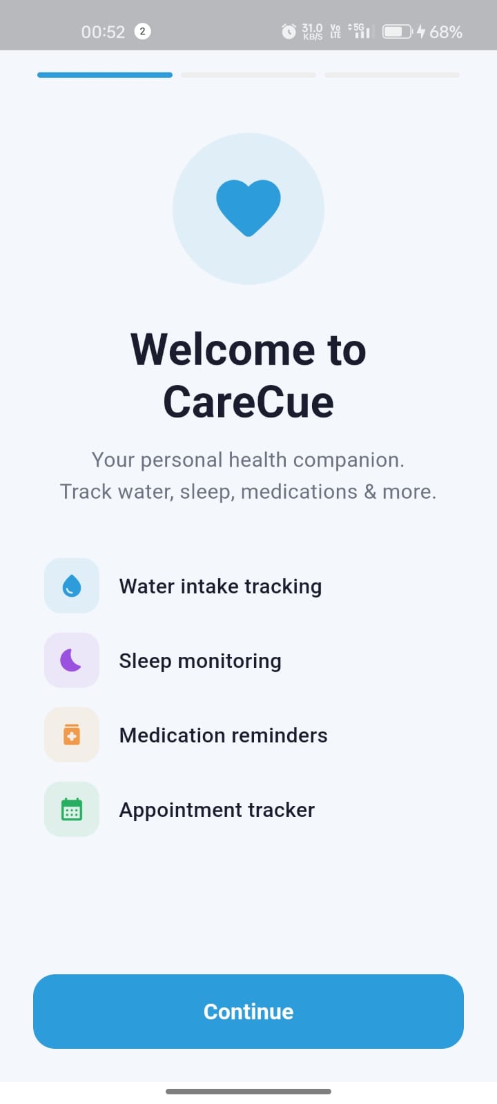 CareCue welcome screen